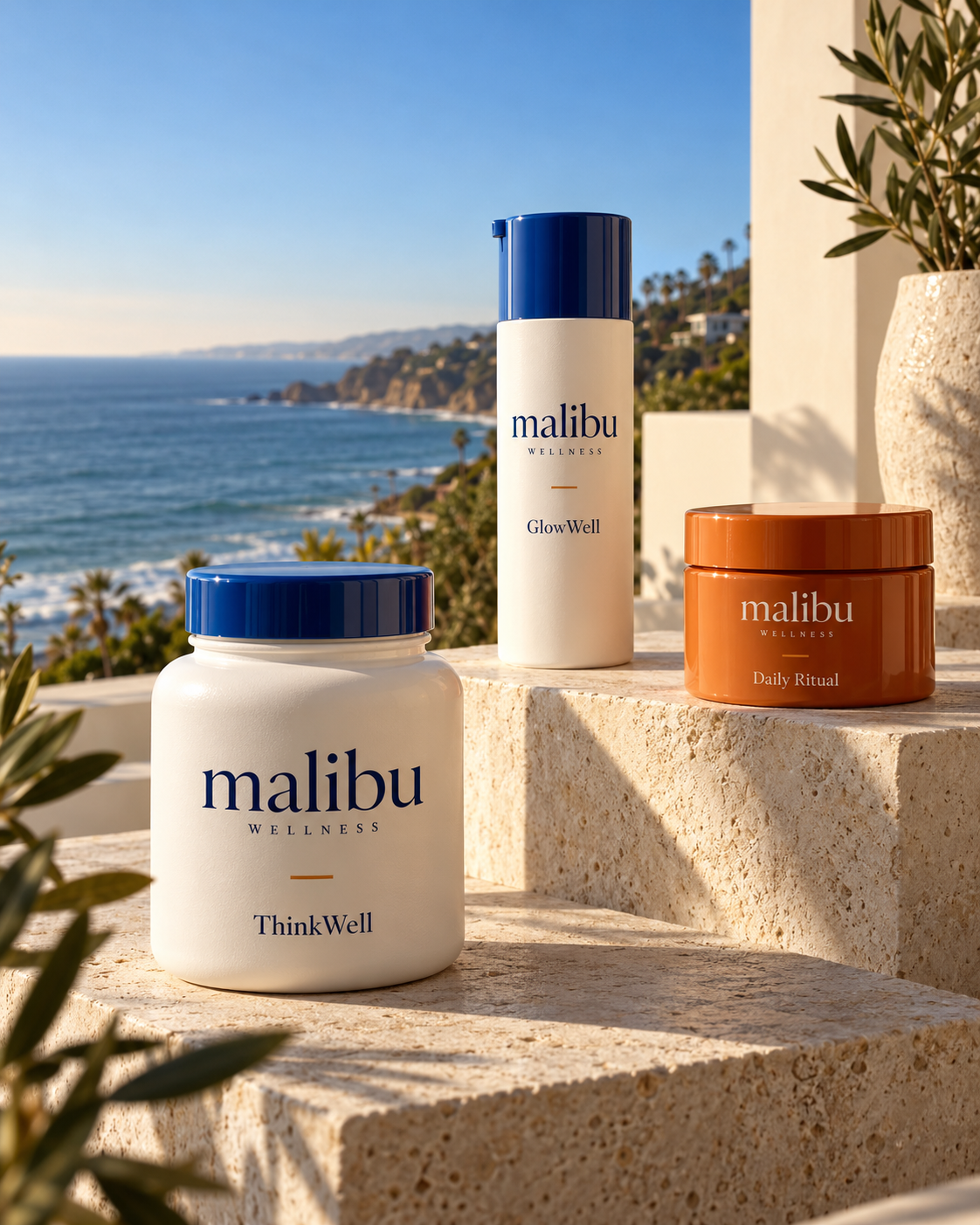Malibu Wellness white, blue and orange packaging concepts on sunlit stone beside the Pacific Ocean