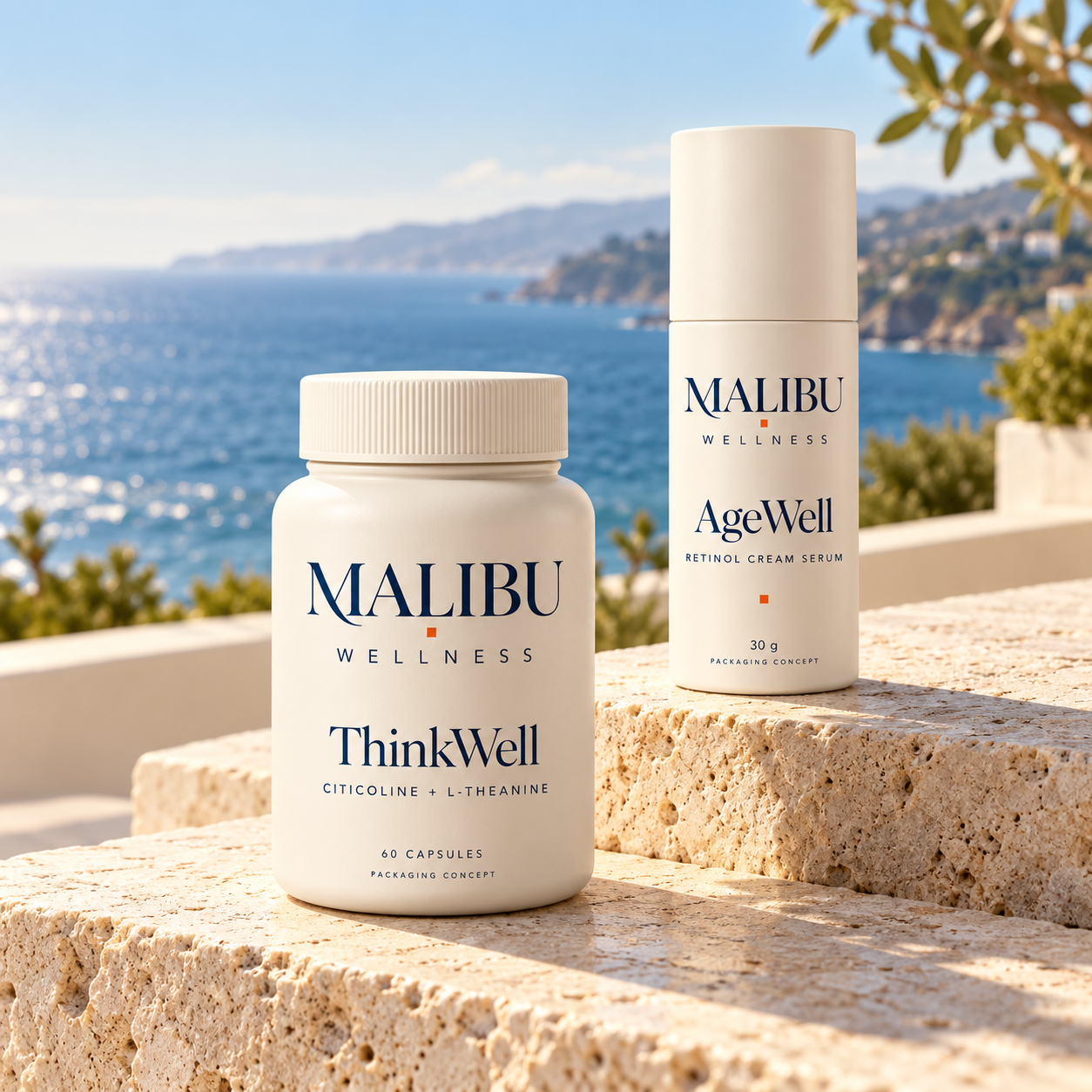 Malibu Wellness packaging concepts on coastal stone beside the Pacific Ocean